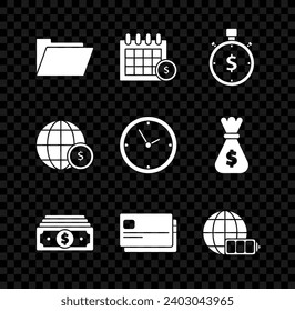 Set Document folder, Financial calendar, Time is money, Stacks paper cash, Credit card, Battery charge level indicator with earth globe, Earth dollar symbol and Clock icon. Vector