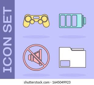 Set Document folder, Gamepad, Speaker mute and Battery charge level indicator icon. Vector