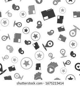 Set Document folder, Head people with play button, Digital media play with location and Star on seamless pattern. Vector
