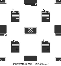 Set Document folder, Laptop and cross mark on screen and Note paper with pinned pushbutton on seamless pattern. Vector