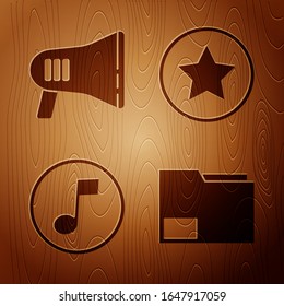 Set Document folder, Megaphone, Music note, tone and Star on wooden background. Vector