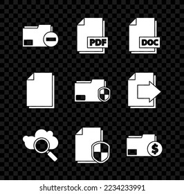 Set Document folder with minus, PDF file document, DOC, Search cloud computing, protection concept, Finance,  and  icon. Vector