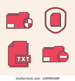 Set Document folder with minus, Document folder protection, Document protection concept and TXT file document icon. Vector