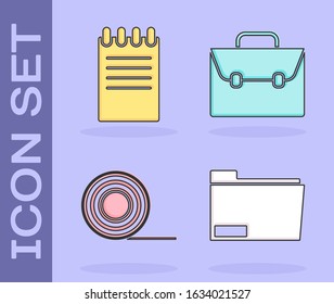 Set Document folder, Notebook, Scotch and Briefcase icon. Vector