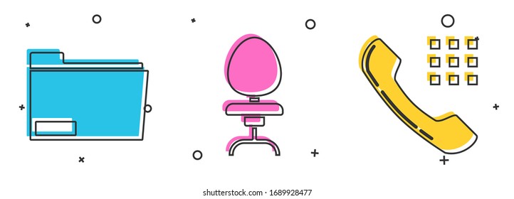 Set Document folder, Office chair and Telephone handset icon. Vector