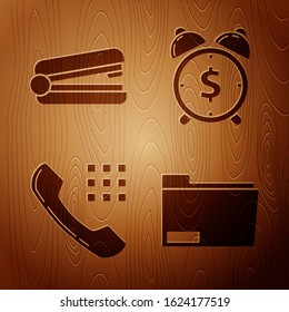 Set Document folder, Office stapler, Telephone handset and Alarm clock with dollar symbol on wooden background. Vector