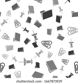 Establezca la carpeta Documento, la carpeta Documento, el clip de papel y el pin Push en un patrón transparente. Vector