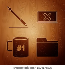 Set Document folder, Pen line, Coffee cup flat and Laptop and cross mark on screen on wooden background. Vector