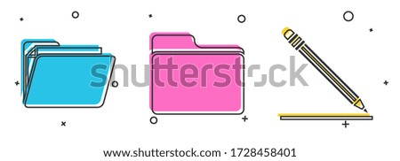 Set Document folder, Document folder and Pencil with eraser and line icon. Vector