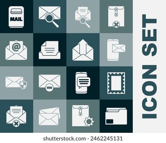 Set Document folder, Postal stamp, Mobile and envelope, Envelope with magnifying glass, Drawer document, Mail e-mail, box and Outgoing icon. Vector