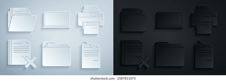 Set Document folder, Printer, Delete file document, Note paper with pinned pushbutton, Laptop and  icon. Vector