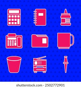 Set Document folder, Printer, Push pin, Coffee cup, Trash can, Telephone, Glue and Calculator icon. Vector