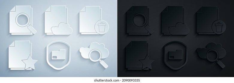 Set Document folder protection, Delete file document, with star, Search cloud computing, Cloud storage text and search icon. Vector