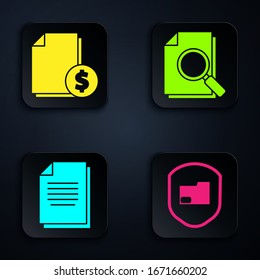 Set Document folder protection, Finance document, Document and Document with search. Black square button. Vector