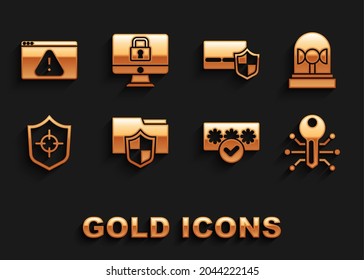Set Document folder protection, Flasher siren, Smart key, Password, Shield, Credit card with shield, Browser exclamation mark and Lock monitor icon. Vector