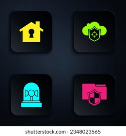 Set Document folder protection, House under, Flasher siren and Cloud and shield. Black square button. Vector