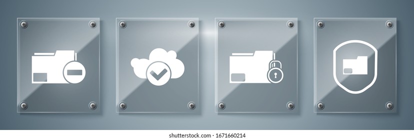 Set Document folder protection, Folder and lock, Cloud with check mark and Document folder with minus. Square glass panels. Vector