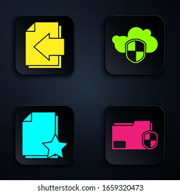 Set Document folder protection, Next page arrow, Document with star and Cloud and shield. Black square button. Vector