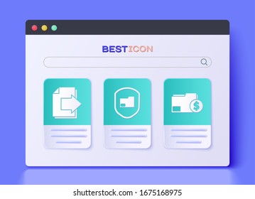 Set Document folder protection, Next page arrow and Finance document folder icon. Vector
