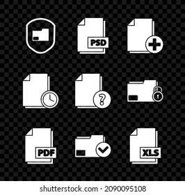 Set Document folder protection, PSD file document, Add new, PDF, and check mark, XLS, with clock and Unknown icon. Vector