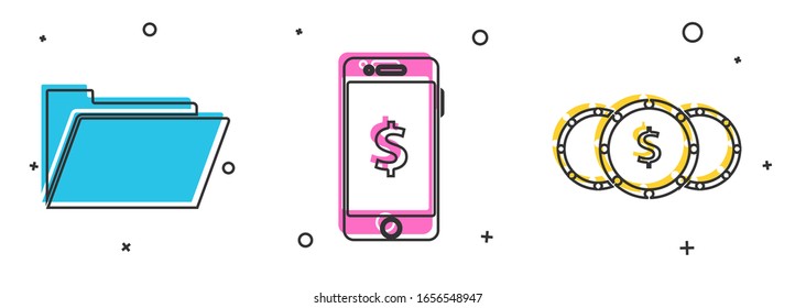 Set Document folder, Smartphone with dollar symbol and Coin money with dollar symbol icon. Vector
