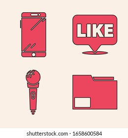 Set Document folder, Smartphone, mobile phone, Like in speech bubble and Microphone icon. Vector