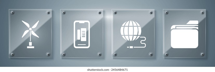 Set Document folder, Social network, Smartphone, mobile phone and Wind turbine. Square glass panels. Vector