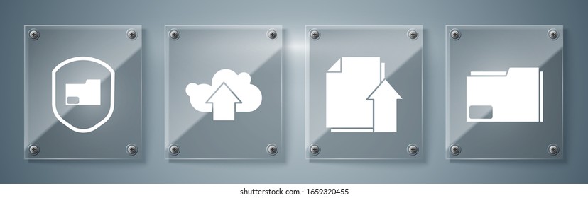 Set Document folder, Upload file document, Cloud upload and Document folder protection. Square glass panels. Vector