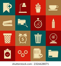 Set Document folder, Web camera, Pencil, Flowers in pot, Search concept with, Office stapler, Bookmark and Briefcase icon. Vector