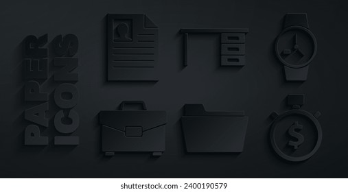 Set Document folder, Wrist watch, Briefcase, Time money, Office desk and Resume icon. Vector