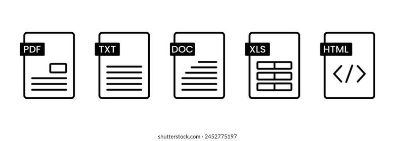 Set of Document format icons . File extension icons. Vector Illustration.