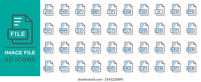 Conjunto de ícones de formato de documento para vários tipos de arquivo, extensão, arquivo morto, anexar e pastas.