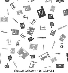 Set Document, Glass test tube flask on fire, Pen and Certificate template on seamless pattern. Vector
