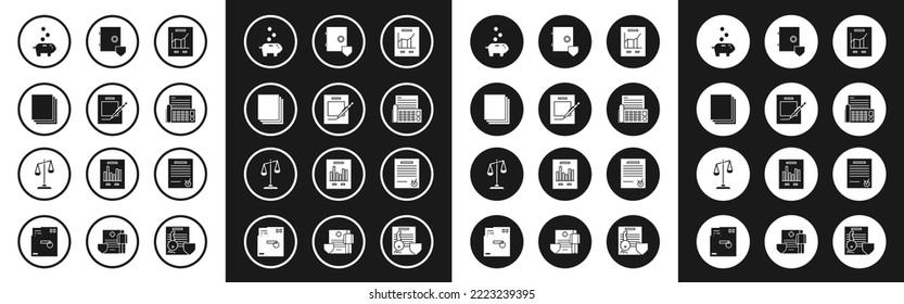 Set Document with graph chart, Blank notebook and pen, Clean paper, Piggy bank coin, Fax machine, Safe shield, Confirmed document check mark and Scales of justice icon. Vector
