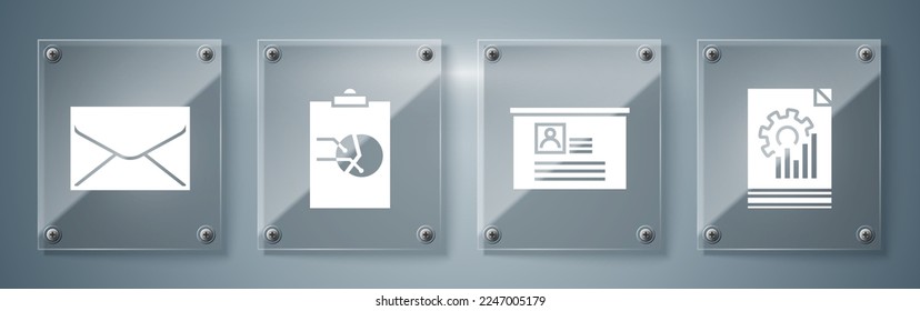 Set Document with graph chart, Board with resume, Clipboard with graph chart and Envelope. Square glass panels. Vector