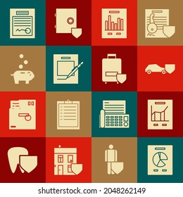 Set Document with graph chart, Car shield, Blank notebook and pen, Piggy bank coin, Filled form and Traveling baggage insurance icon. Vector
