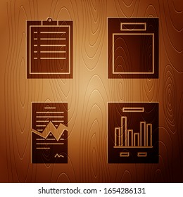 Set Document with graph chart, Clipboard with checklist, Torn contract and Empty form on wooden background. Vector