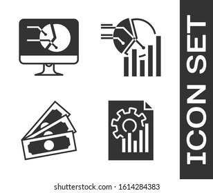 Set Document with graph chart, Computer monitor with graph chart, Stacks paper money cash and Pie chart infographic icon. Vector