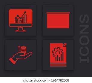 Set Document with graph chart, Computer monitor with graph chart, Chalkboard and Money on hand icon. Vector