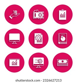 Set Document with graph chart, Computer monitor, Stacks paper money cash, User manual, Board, screen, Clipboard and Money hand icon. Vector