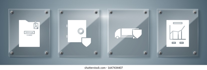 Set Document with graph chart, Delivery cargo truck with shield, Safe with shield and Personal folder. Square glass panels. Vector