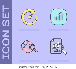 Set Document with graph chart, Digital speed meter, Search data analysis and Financial growth icon. Vector