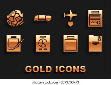 Set Document with graph chart, Filled form, Personal folder, Empty, Blank notebook and pen, Plane shield, Crumpled paper ball and Delivery cargo truck icon. Vector