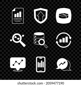 Set Document with graph chart, Financial growth, Pie infographic, Graph, Mobile, Search data analysis and Server icon. Vector