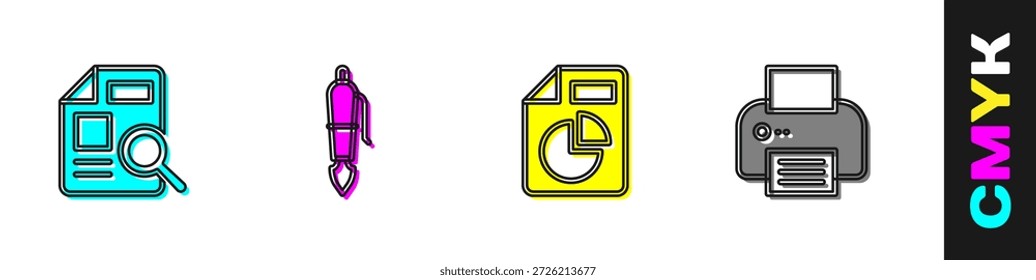 Set Document with graph chart, Fountain pen nib,  and Printer icon. Vector