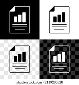 Set Document with graph chart icon isolated on black and white, transparent background. Report text file icon. Accounting sign. Audit, analysis, planning.  Vector