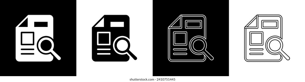 Set Document with graph chart icon isolated on black and white background. Report text file icon. Accounting sign. Audit, analysis, planning.  Vector