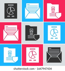Set Document with graph chart, Mail and e-mail and Document with shield icon. Vector