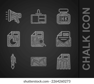 Set Document with graph chart, Mail and e-mail, Paper shredder, Fountain pen nib, Inkwell and Megaphone icon. Vector