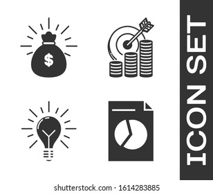 Set Document with graph chart, Money bag, Light bulb with rays shine and concept of idea and Target with coin symbol icon. Vector